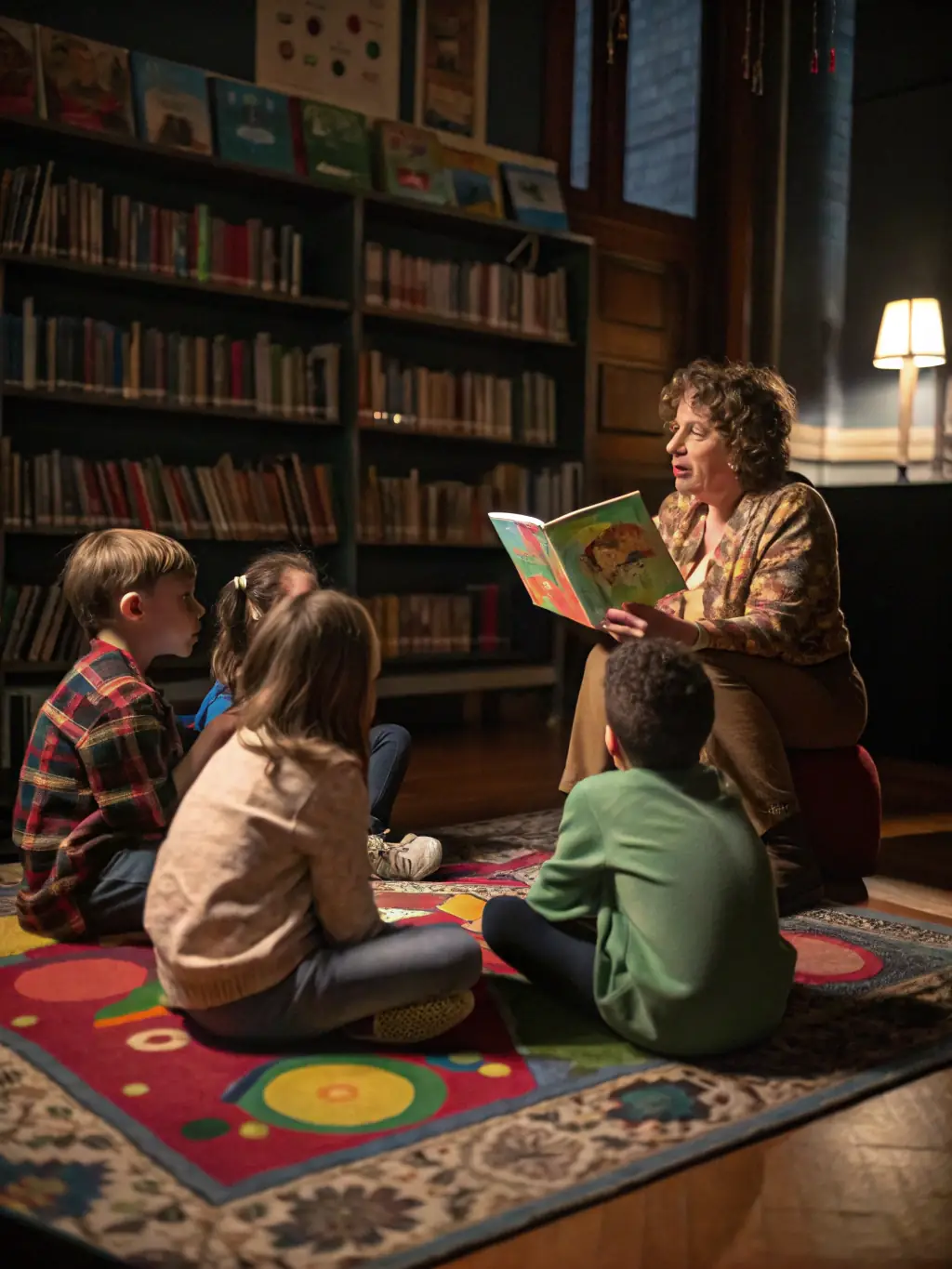 A vibrant image depicting children joyfully participating in an interactive storytelling session led by LES FEES CORREZE volunteers, set in a colorful hospital playroom.