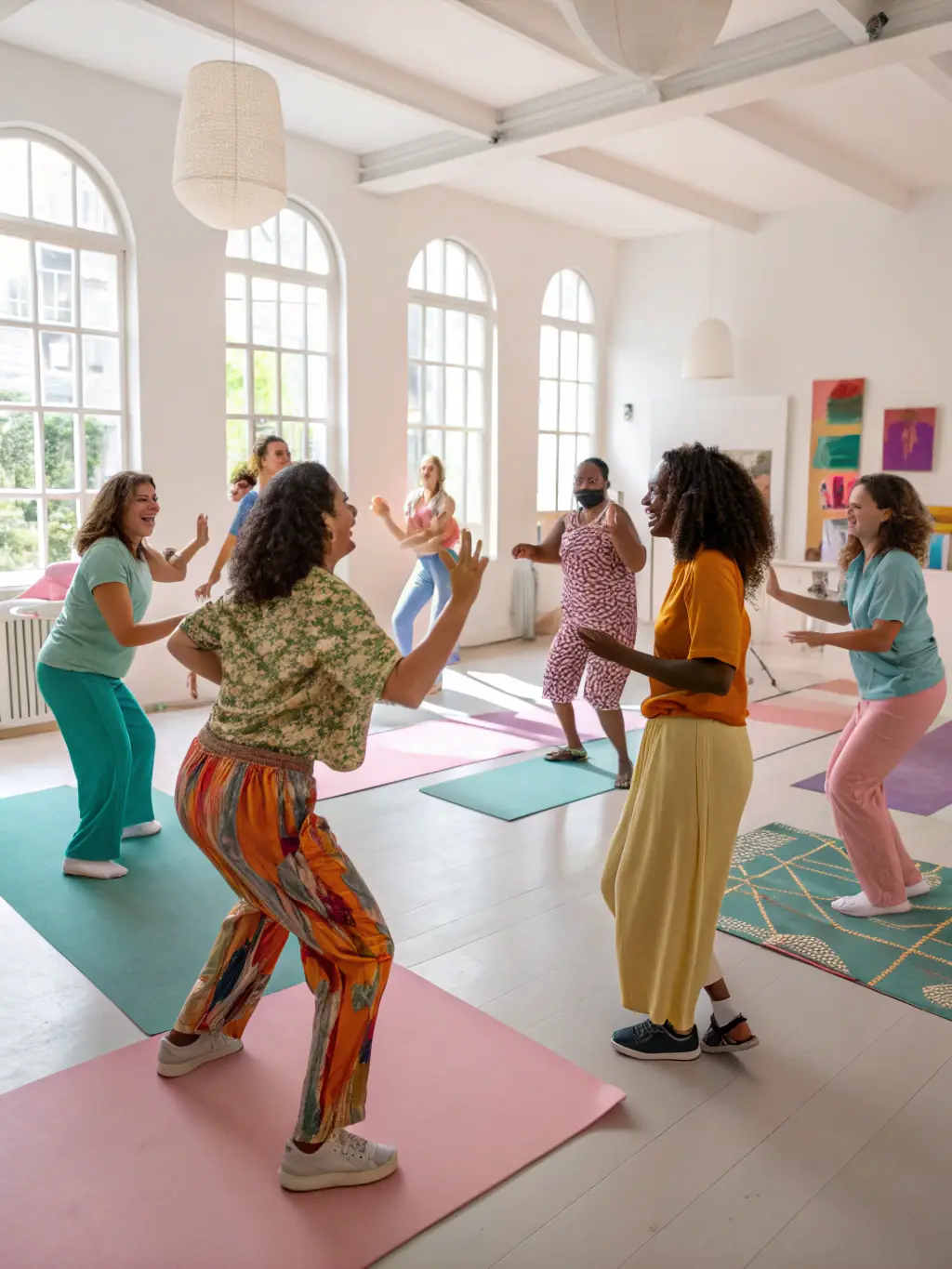 A group of people with disabilities participating in an inclusive dance class, demonstrating their enthusiasm and teamwork.