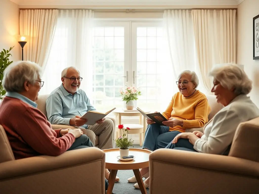 A group of elderly individuals joyfully participating in an interactive storytelling session at a local care facility, facilitated by LES FEES CORREZE.