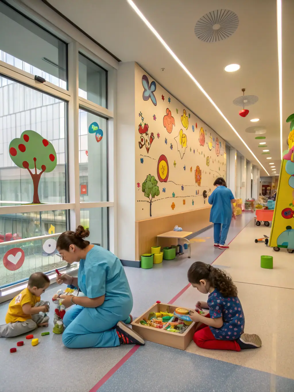 A cheerful photograph of hospitalized children enjoying a puppet show, capturing their laughter and excitement.