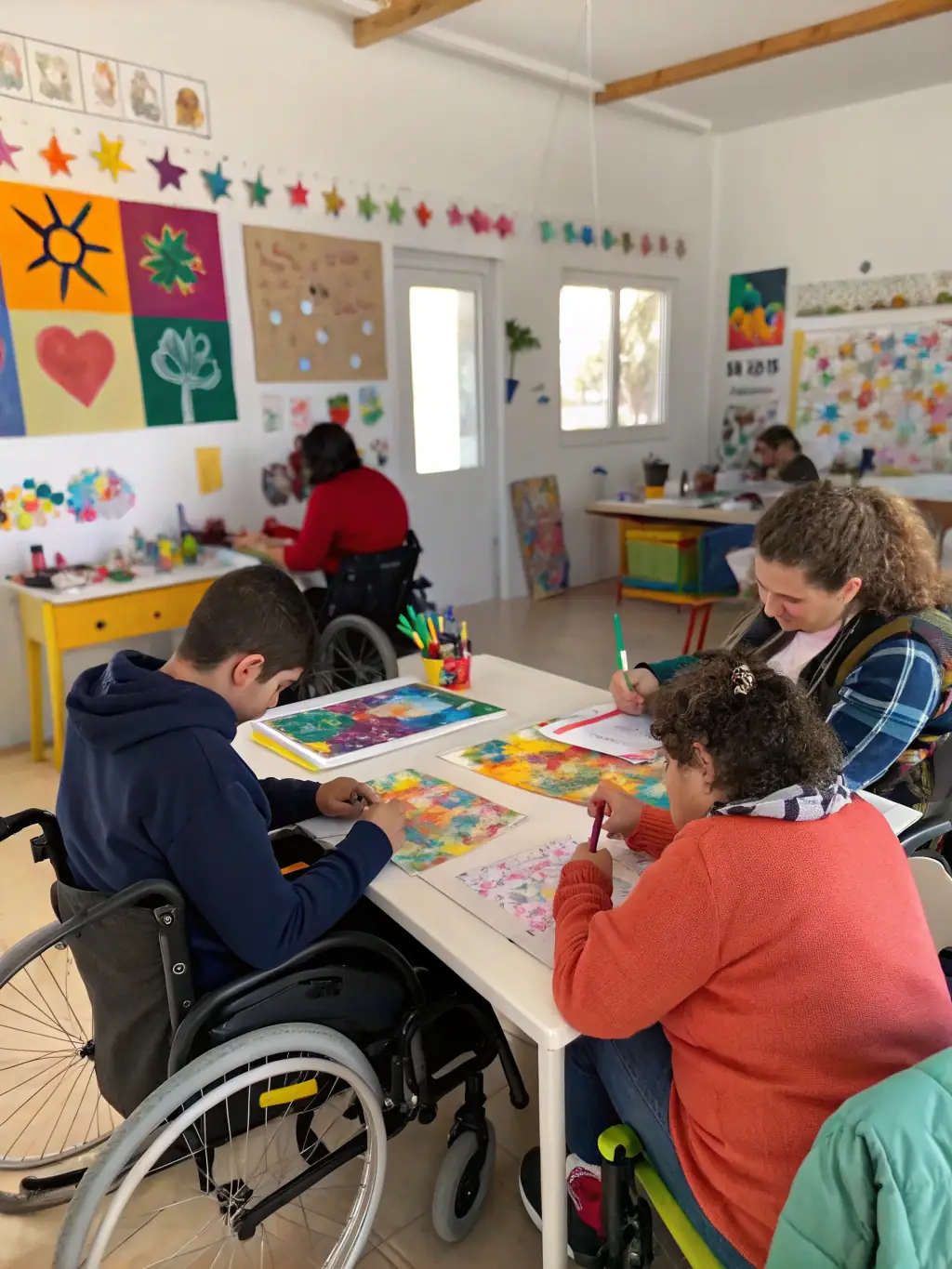 A photograph capturing participants with disabilities creating artwork during an inclusive art workshop facilitated by LES FEES CORREZE, showcasing their creativity and self-expression.