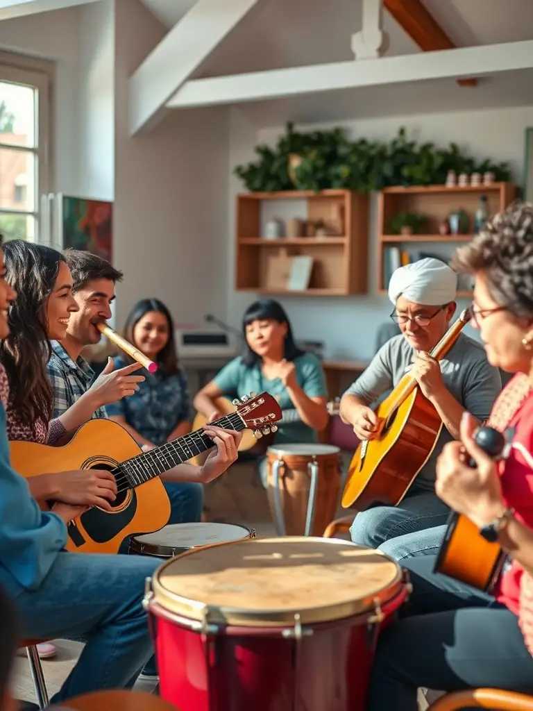 A heartwarming image of elderly individuals participating in a musical workshop, showcasing their engagement and joy.