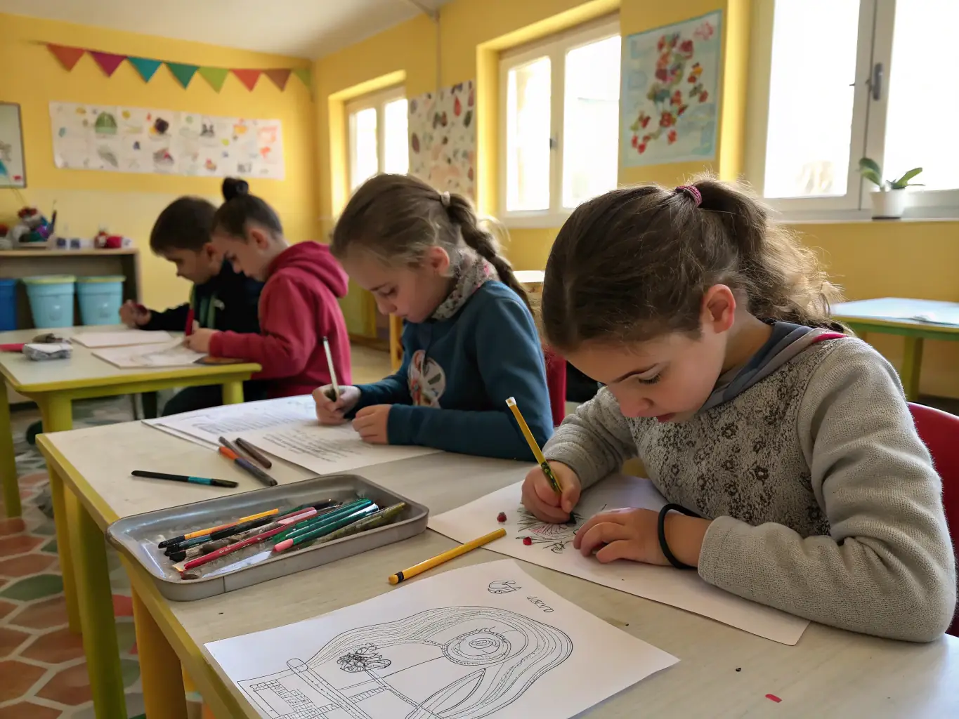 A diverse group of students actively participating in an inclusive arts workshop led by LES FEES CORREZE, fostering creativity and collaboration.